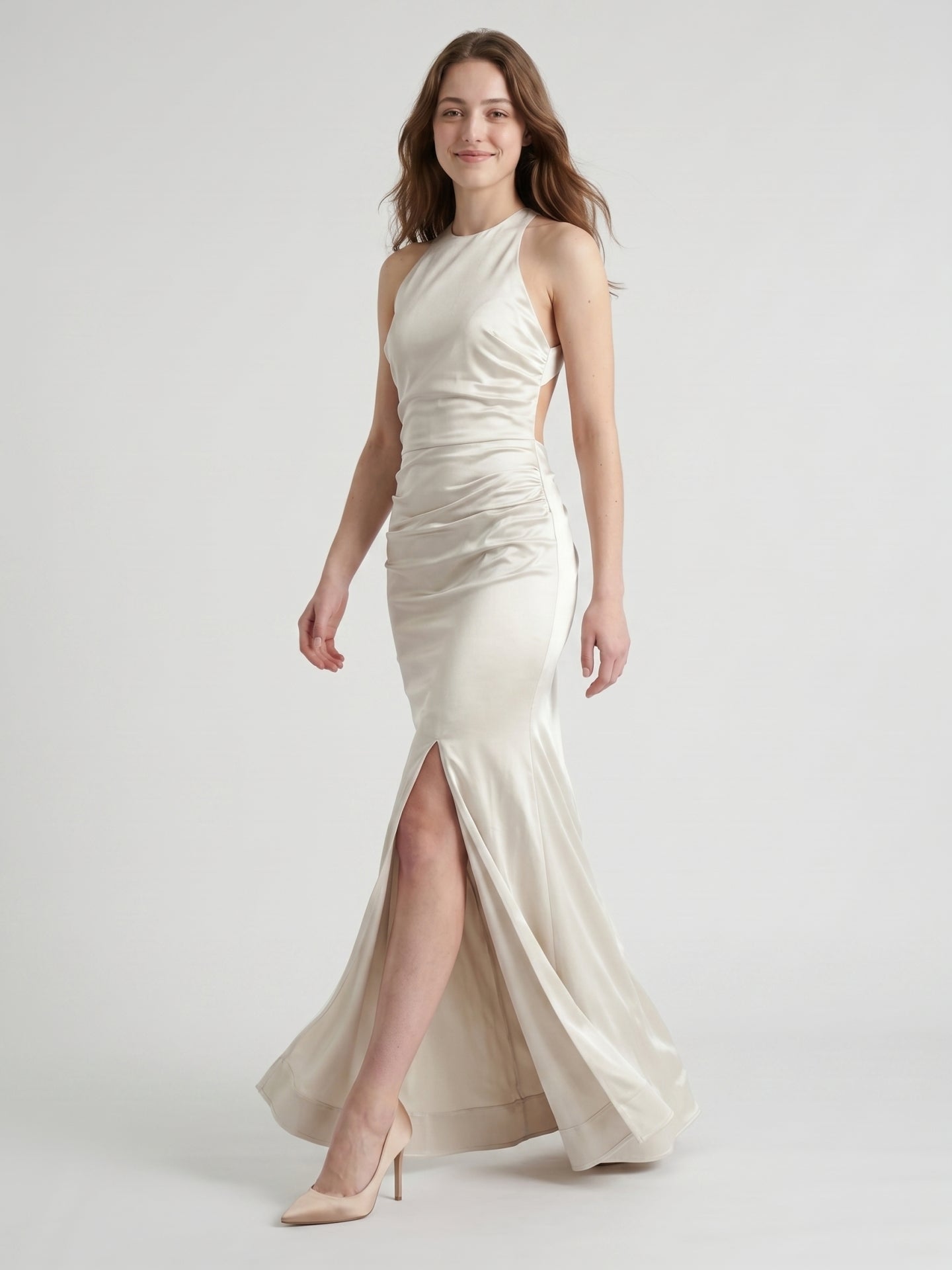 Ivory Satin Mermaid Halter Neckline Backless Floor-Length Bridesmaid Dress with Pleated Style