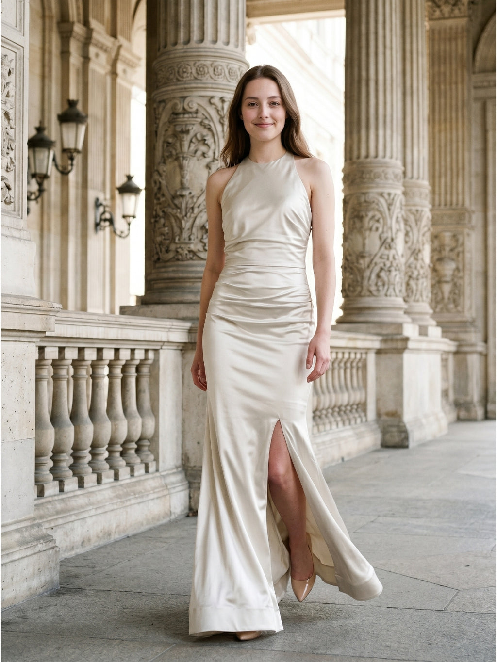 Ivory Satin Mermaid Halter Neckline Backless Floor-Length Bridesmaid Dress with Pleated Style
