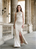 Ivory Satin Mermaid Halter Neckline Backless Floor-Length Bridesmaid Dress with Pleated Style