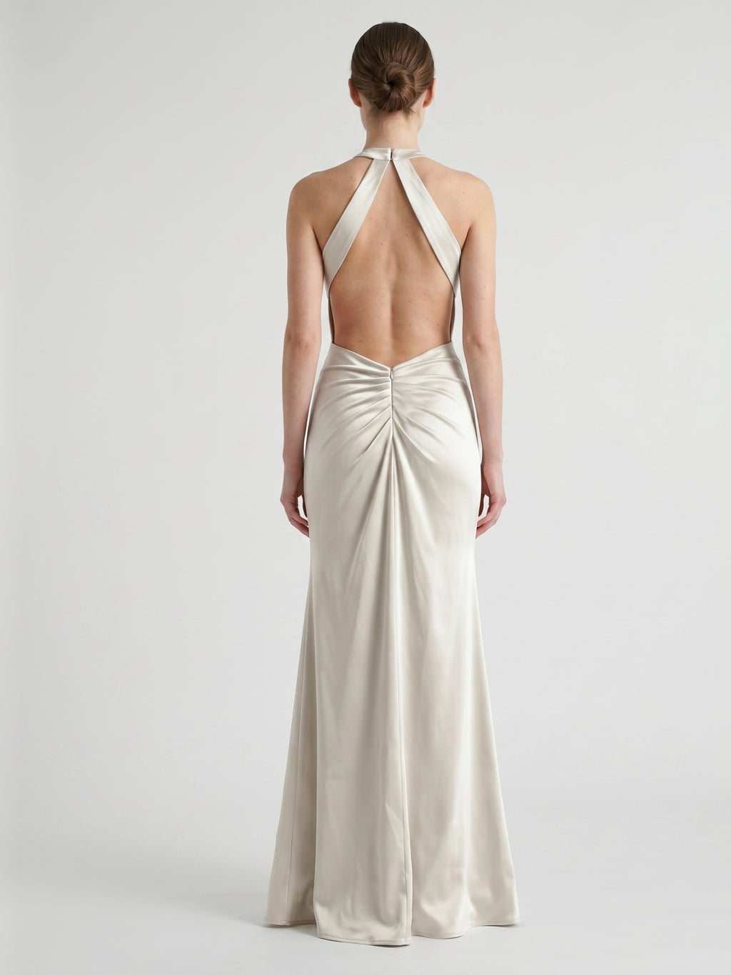 Ivory Satin Mermaid Halter Neckline Backless Floor-Length Bridesmaid Dress with Pleated Style