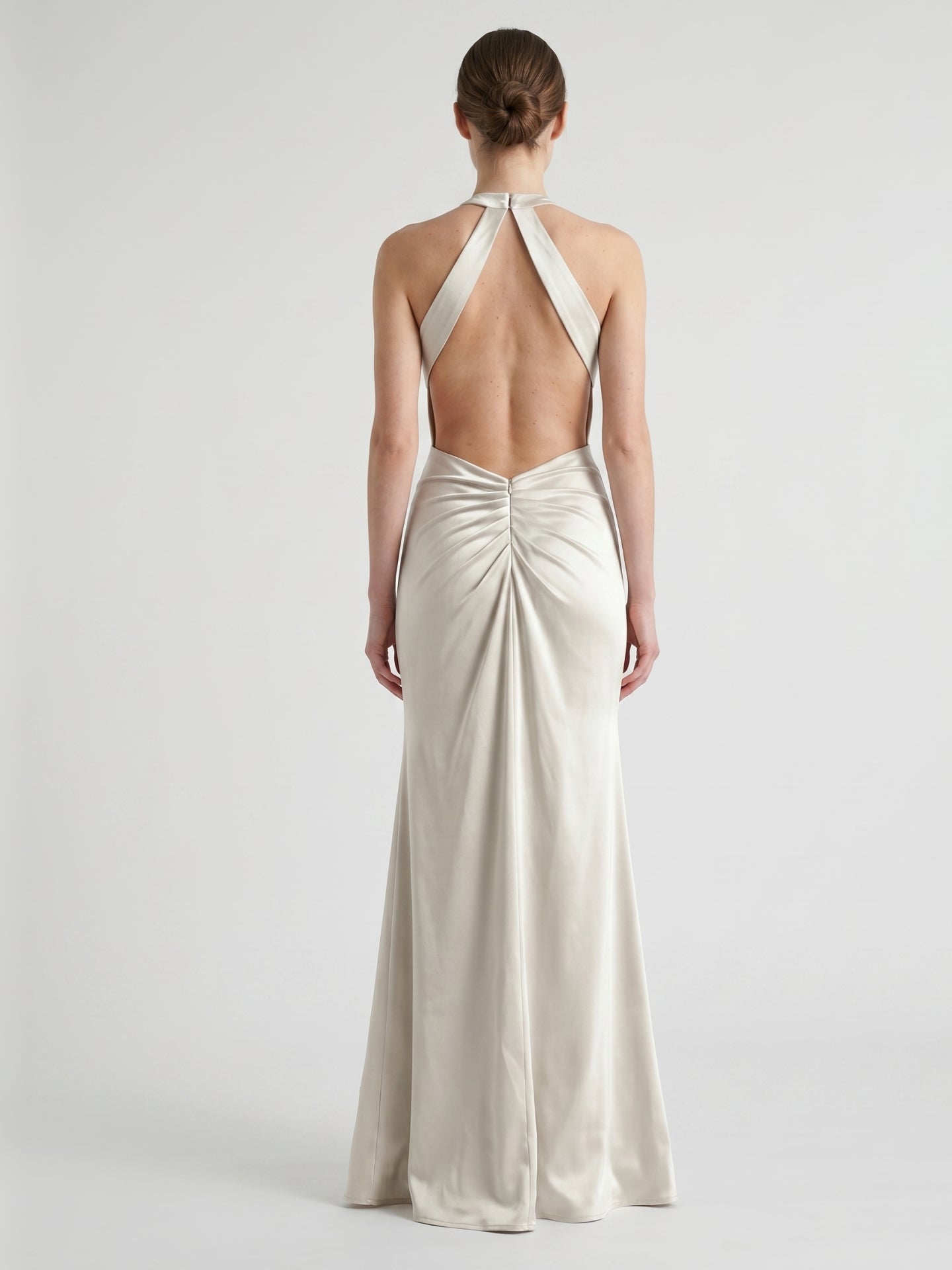 Ivory Satin Mermaid Halter Neckline Backless Floor-Length Bridesmaid Dress with Pleated Style