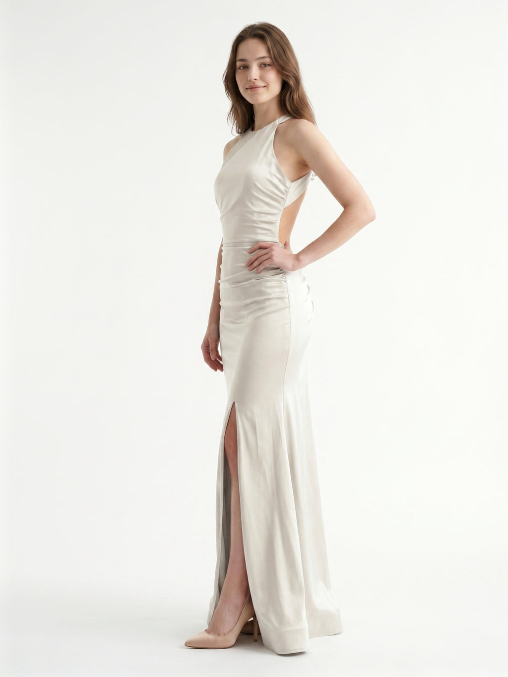 Ivory Satin Mermaid Halter Neckline Backless Floor-Length Bridesmaid Dress with Pleated Style