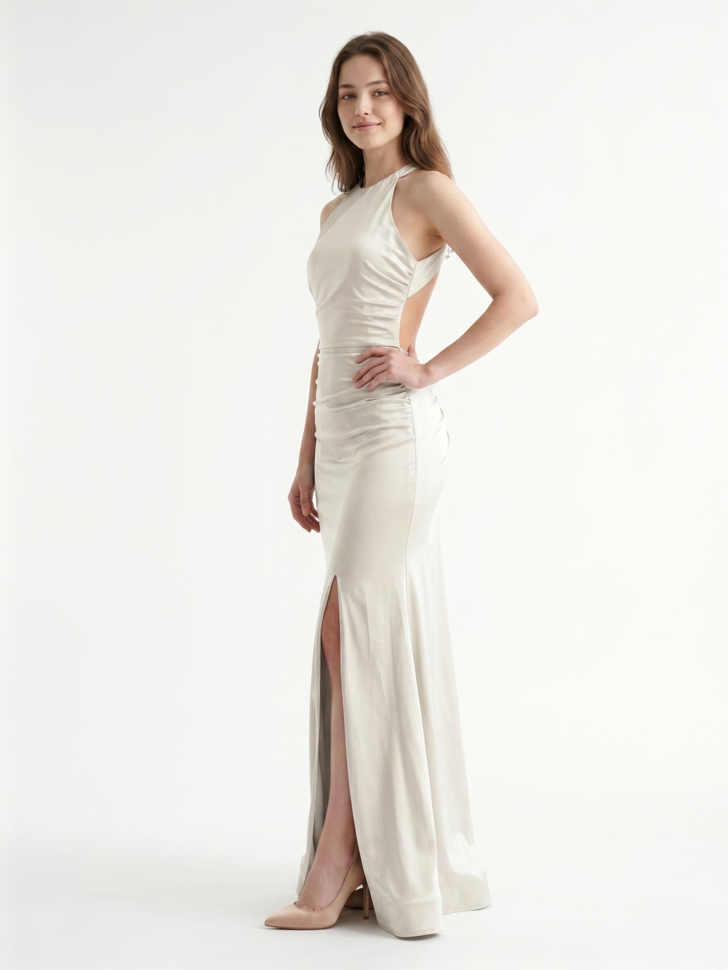 Ivory Satin Mermaid Halter Neckline Backless Floor-Length Bridesmaid Dress with Pleated Style