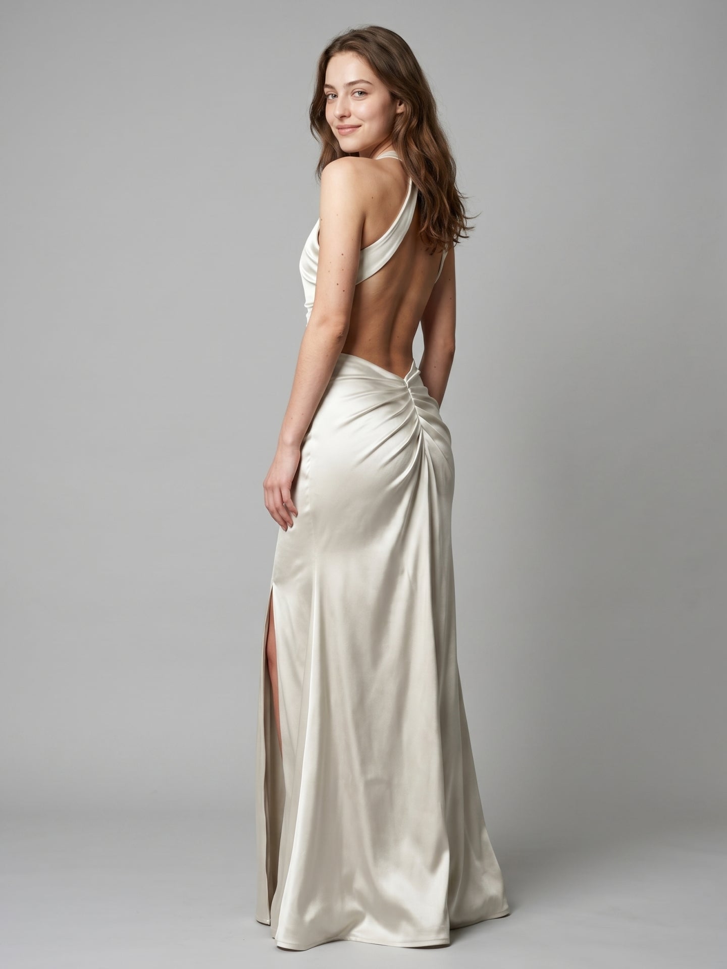 Ivory Satin Mermaid Halter Neckline Backless Floor-Length Bridesmaid Dress with Pleated Style