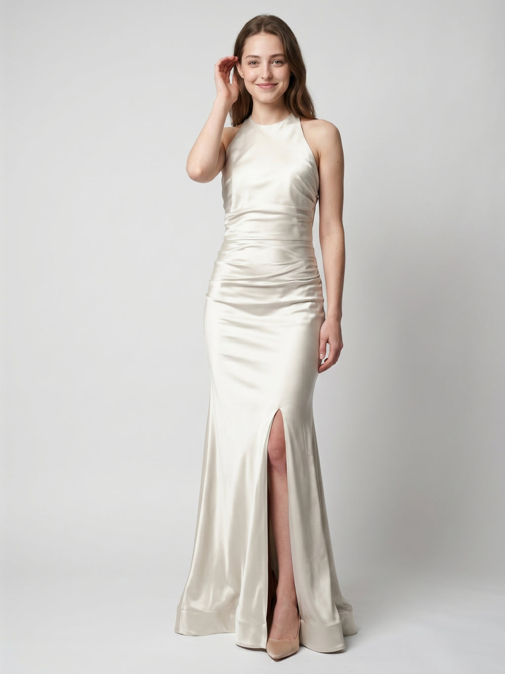 Ivory Satin Mermaid Halter Neckline Backless Floor-Length Bridesmaid Dress with Pleated Style