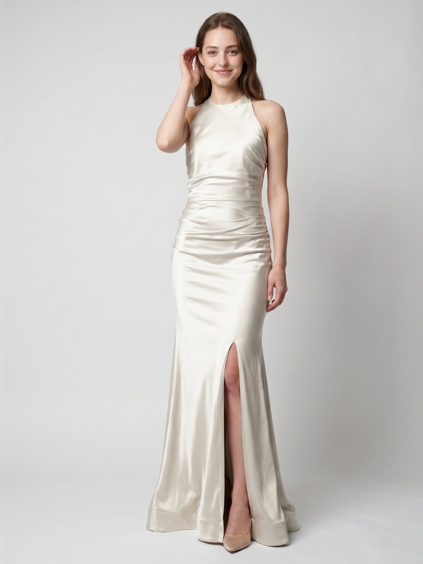 Ivory Satin Mermaid Halter Neckline Backless Floor-Length Bridesmaid Dress with Pleated Style