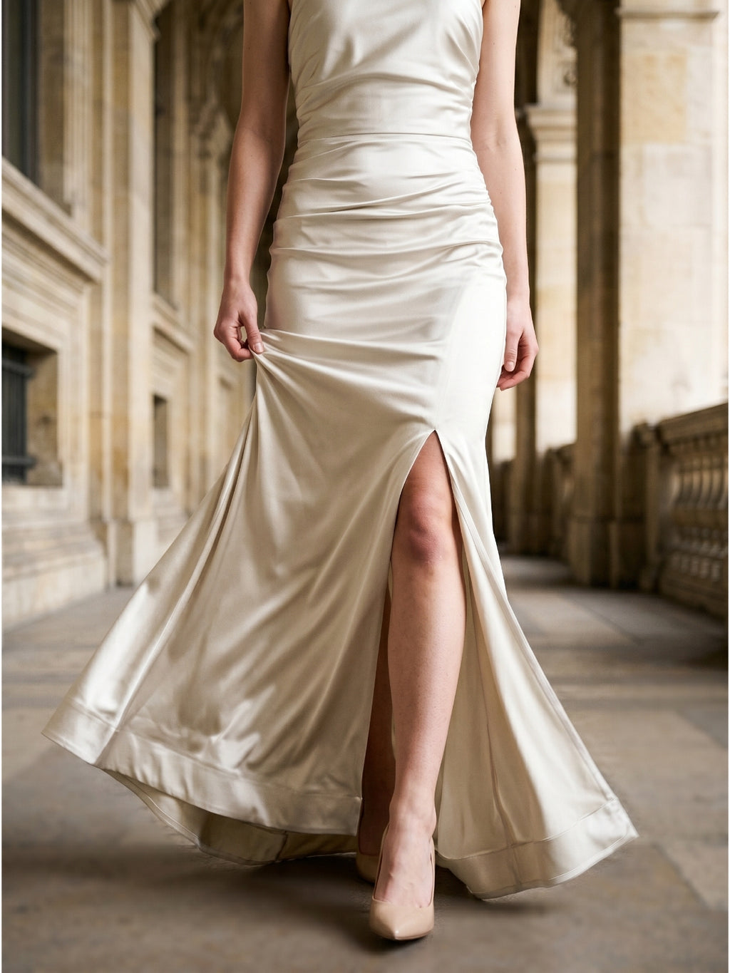 Ivory Satin Mermaid Halter Neckline Backless Floor-Length Bridesmaid Dress with Pleated Style