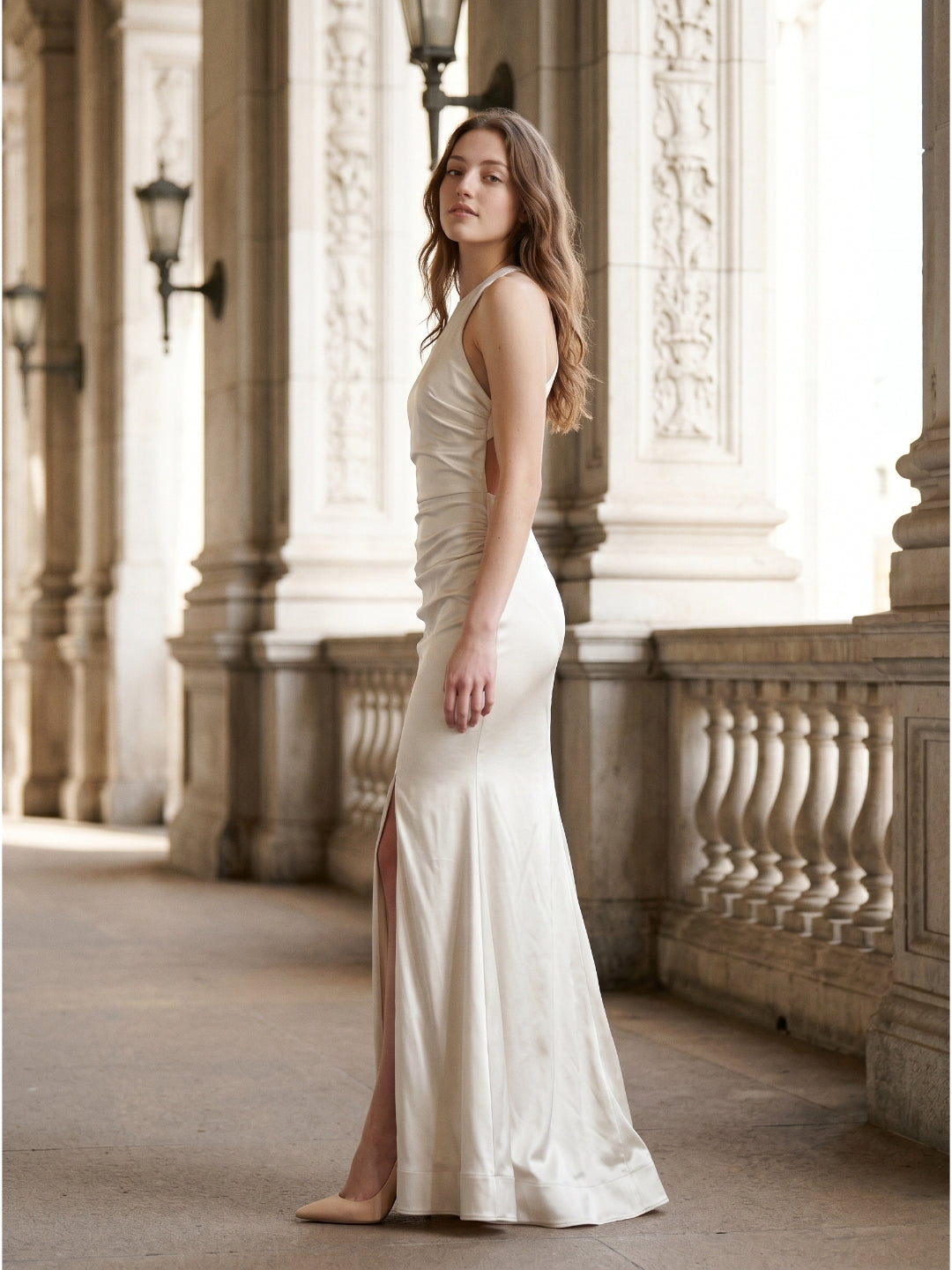 Ivory Satin Mermaid Halter Neckline Backless Floor-Length Bridesmaid Dress with Pleated Style