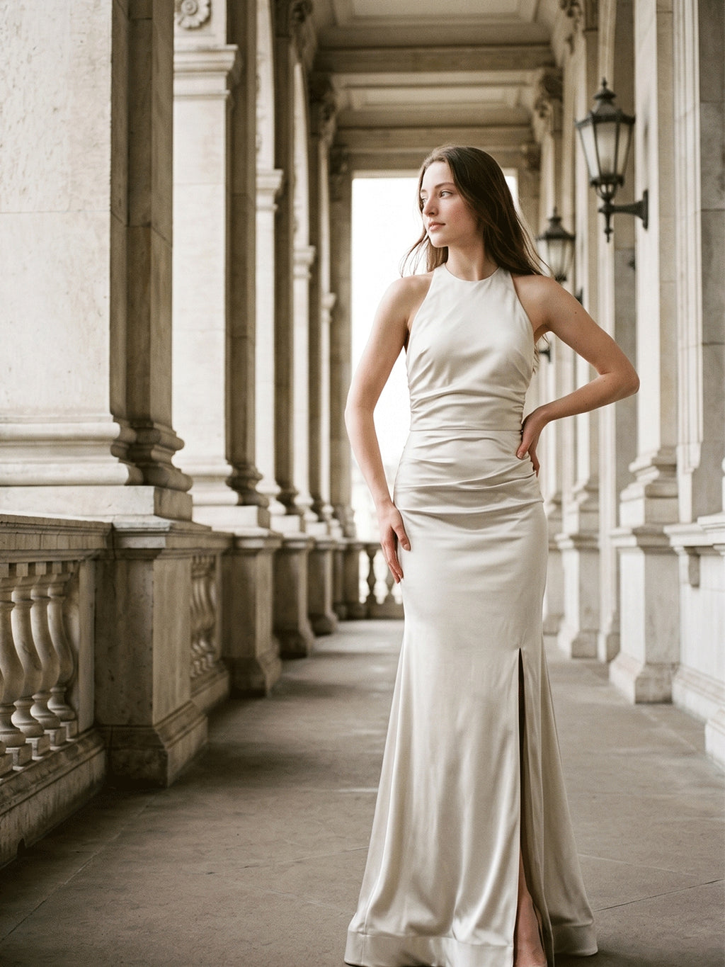 Ivory Satin Mermaid Halter Neckline Backless Floor-Length Bridesmaid Dress with Pleated Style