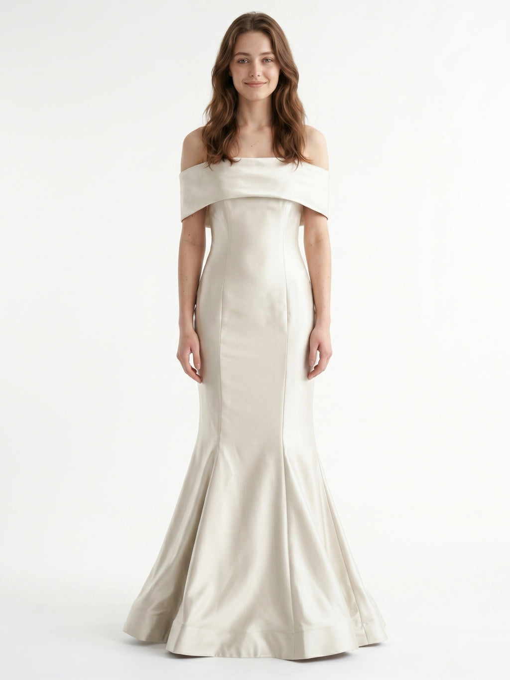 Ivory Satin Mermaid Off-the-Shoulder Back Zip Floor-Length Bridesmaid Dress with Pleated Waist
