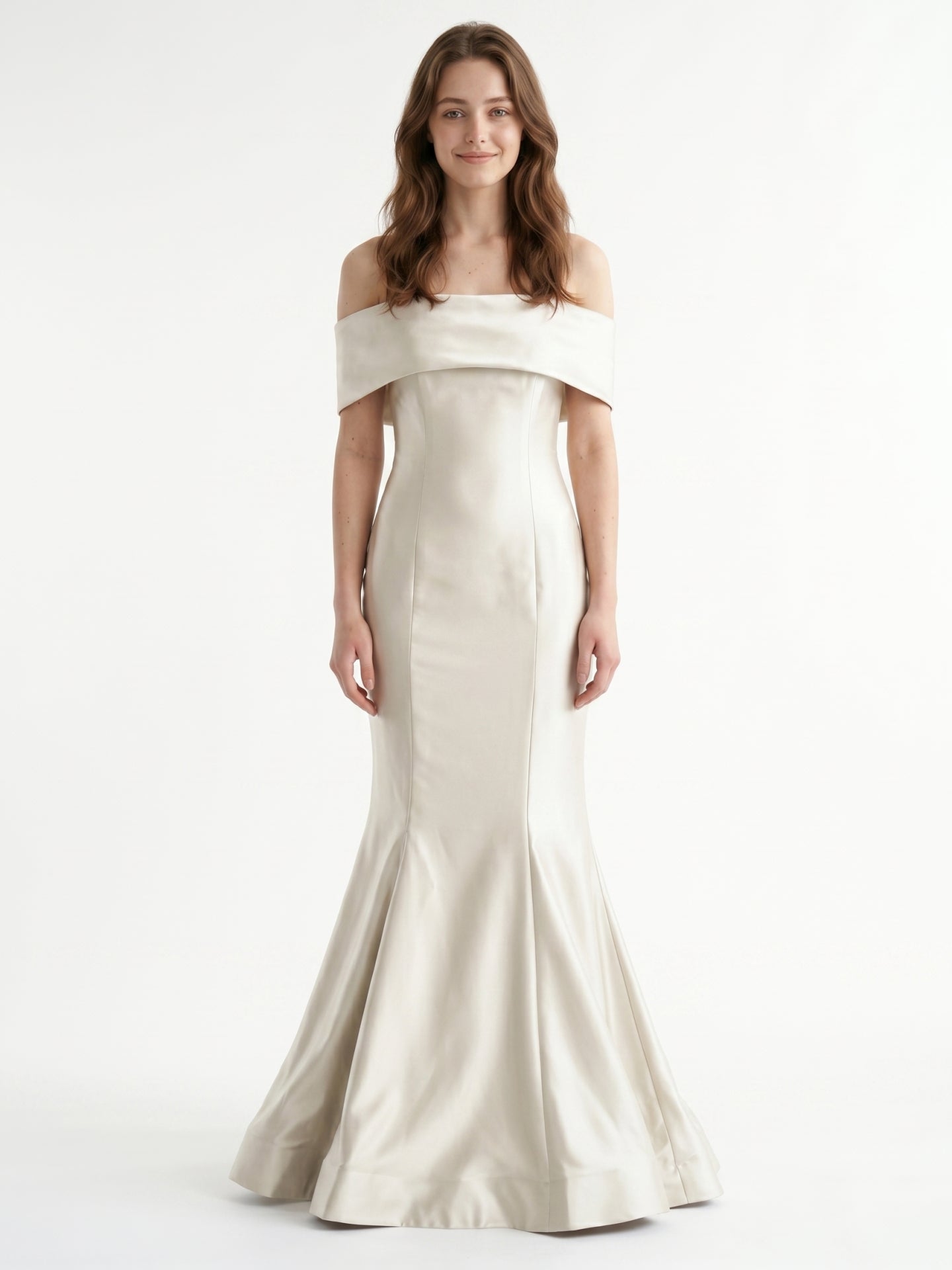 Ivory Satin Mermaid Off-the-Shoulder Back Zip Floor-Length Bridesmaid Dress with Pleated Waist