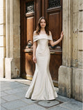 Ivory Satin Mermaid Off-the-Shoulder Back Zip Floor-Length Bridesmaid Dress with Pleated Waist