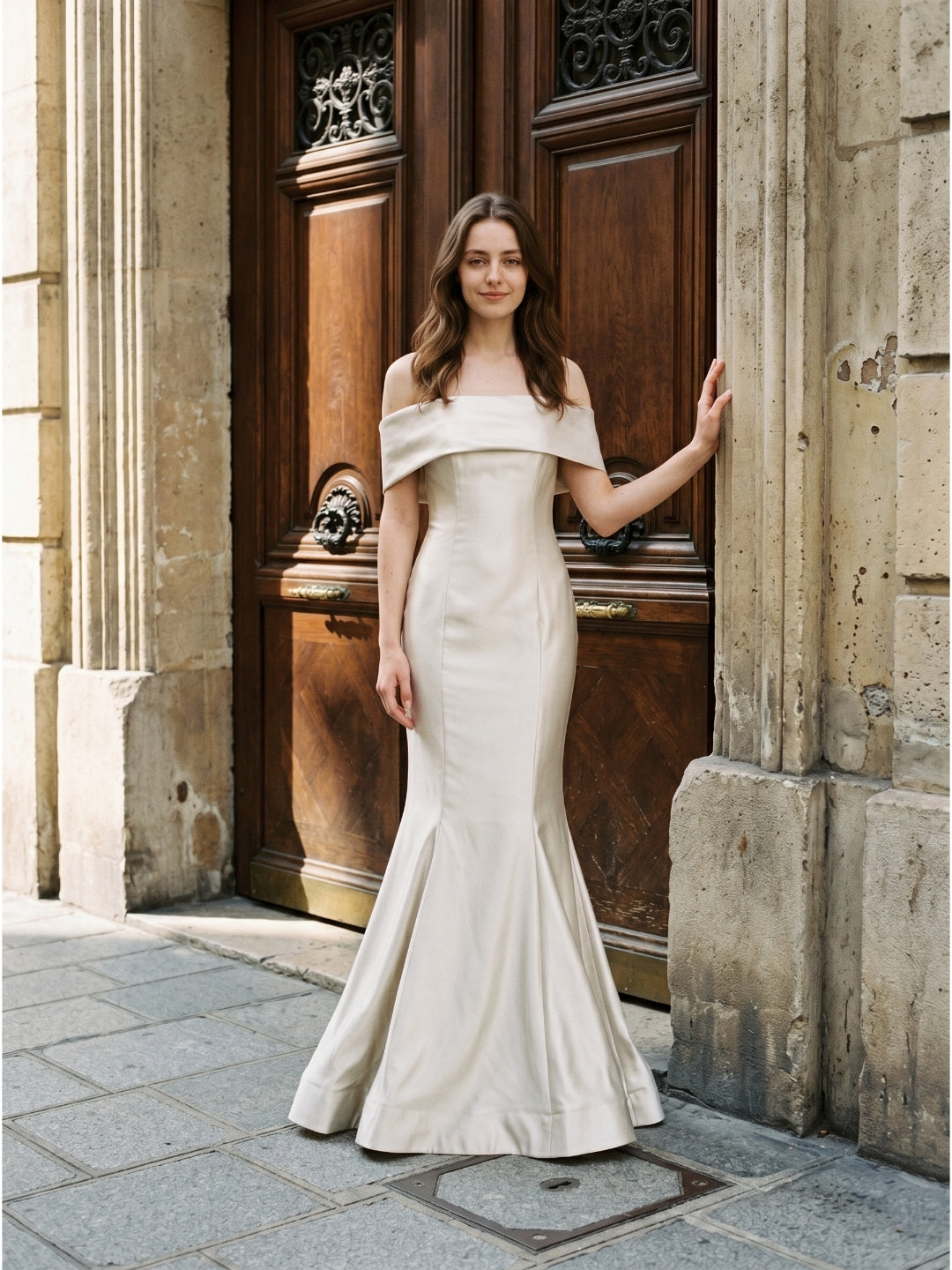 Ivory Satin Mermaid Off-the-Shoulder Back Zip Floor-Length Bridesmaid Dress with Pleated Waist