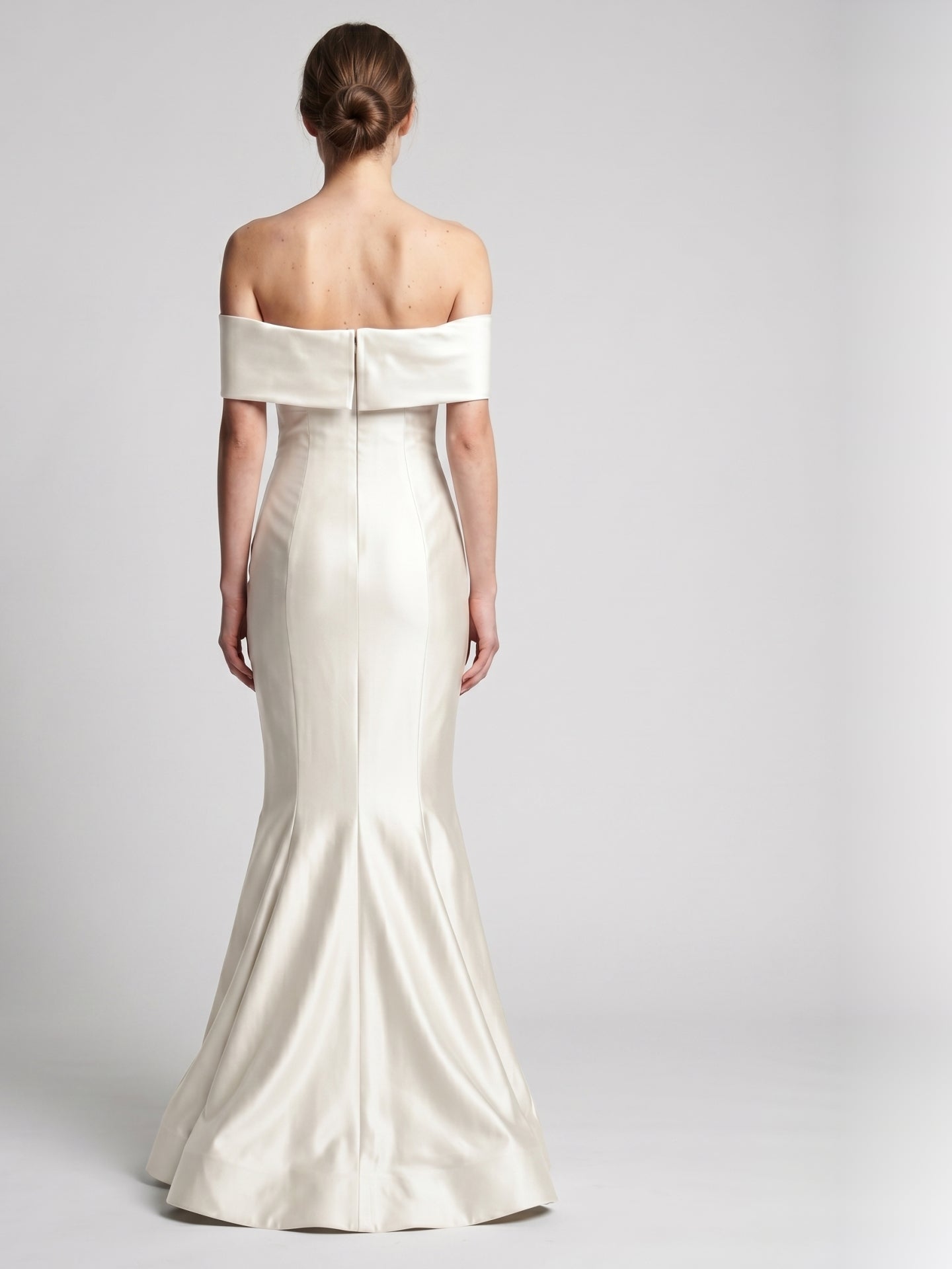 Ivory Satin Mermaid Off-the-Shoulder Back Zip Floor-Length Bridesmaid Dress with Pleated Waist