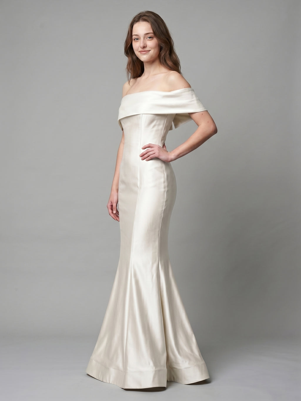 Ivory Satin Mermaid Off-the-Shoulder Back Zip Floor-Length Bridesmaid Dress with Pleated Waist