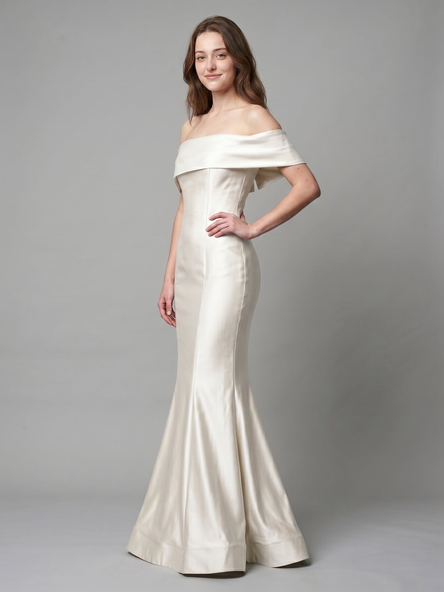 Ivory Satin Mermaid Off-the-Shoulder Back Zip Floor-Length Bridesmaid Dress with Pleated Waist