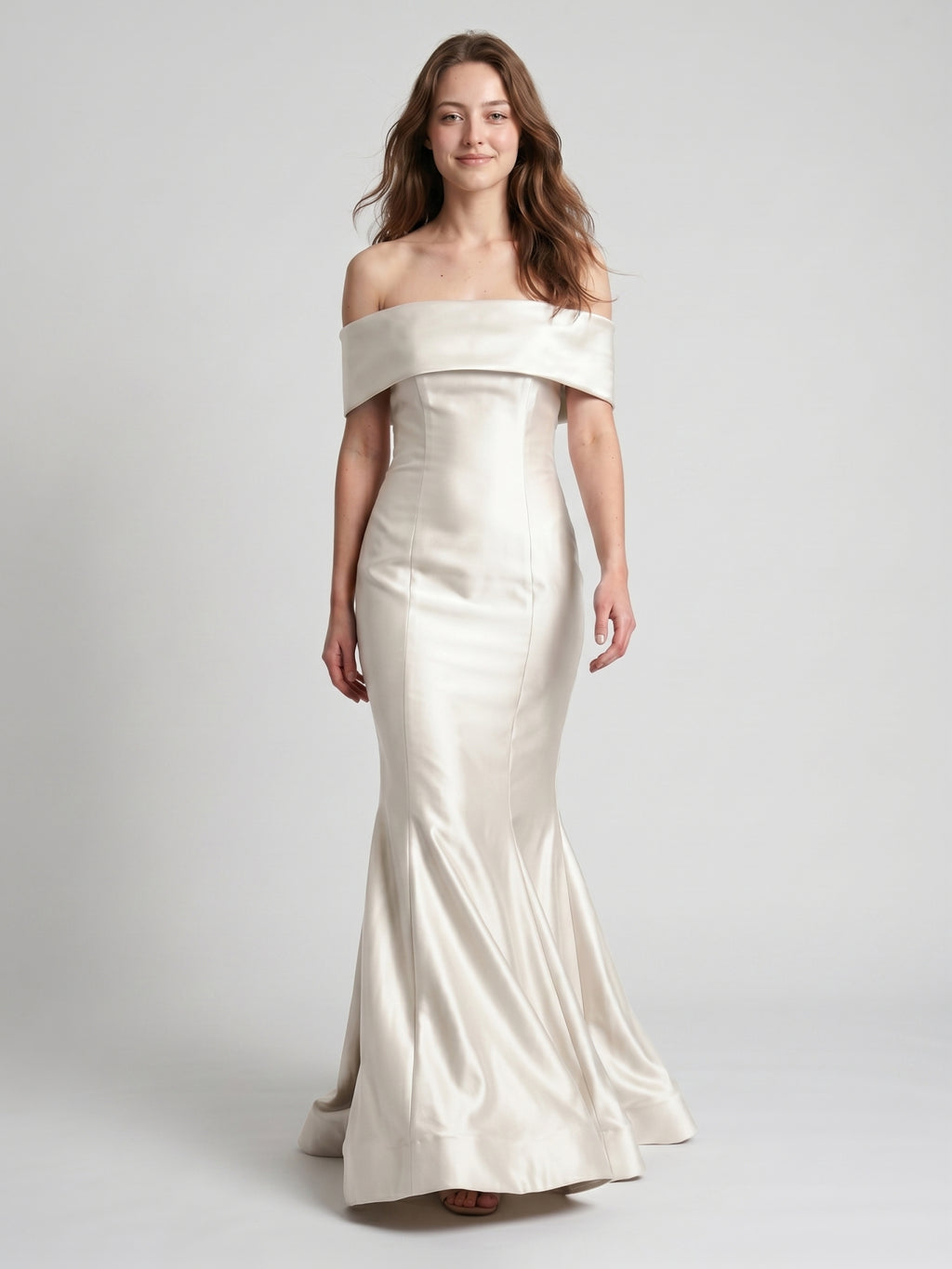 Ivory Satin Mermaid Off-the-Shoulder Back Zip Floor-Length Bridesmaid Dress with Pleated Waist