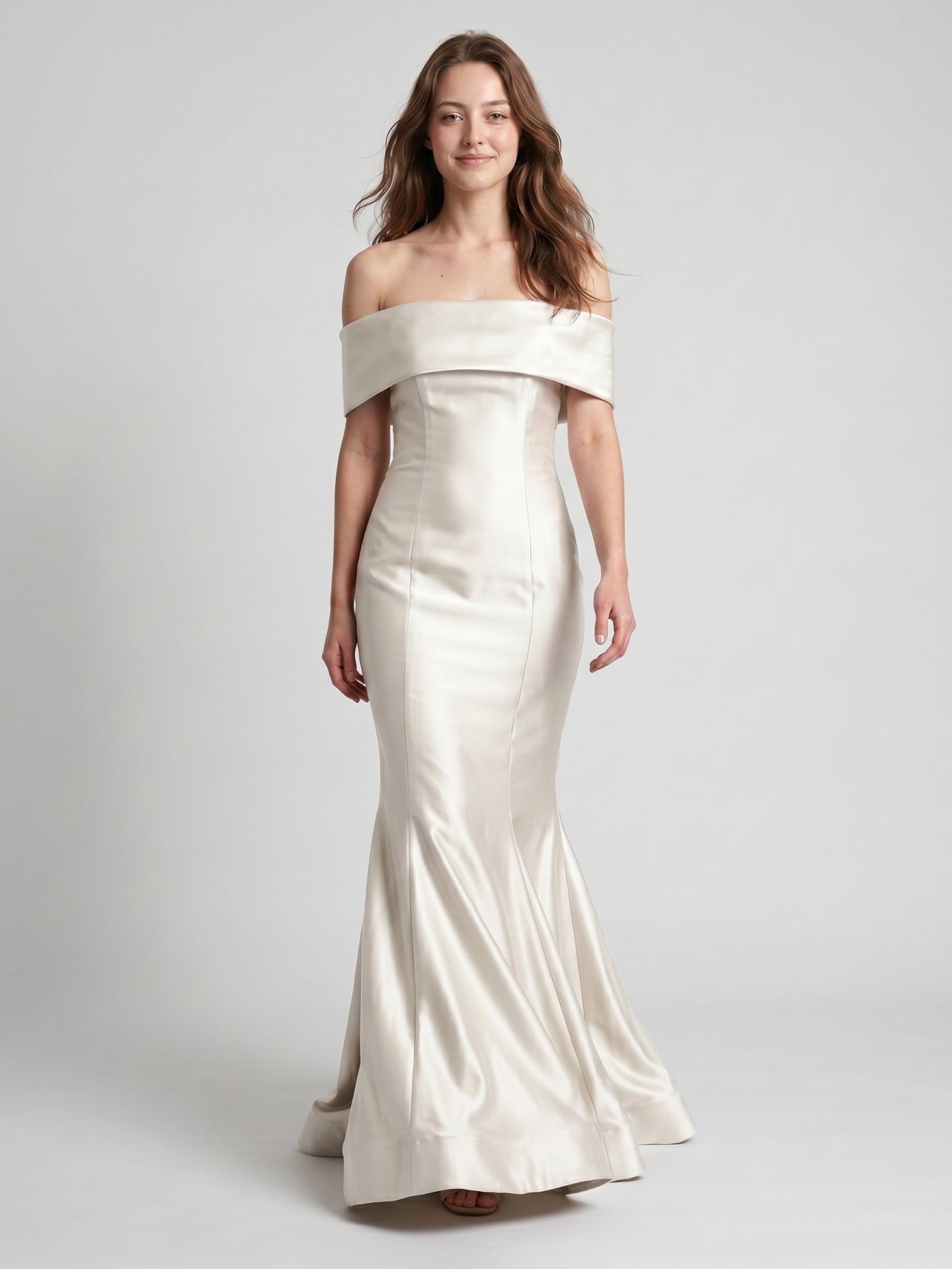 Ivory Satin Mermaid Off-the-Shoulder Back Zip Floor-Length Bridesmaid Dress with Pleated Waist