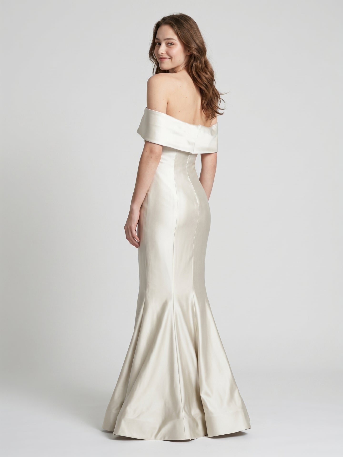 Ivory Satin Mermaid Off-the-Shoulder Back Zip Floor-Length Bridesmaid Dress with Pleated Waist