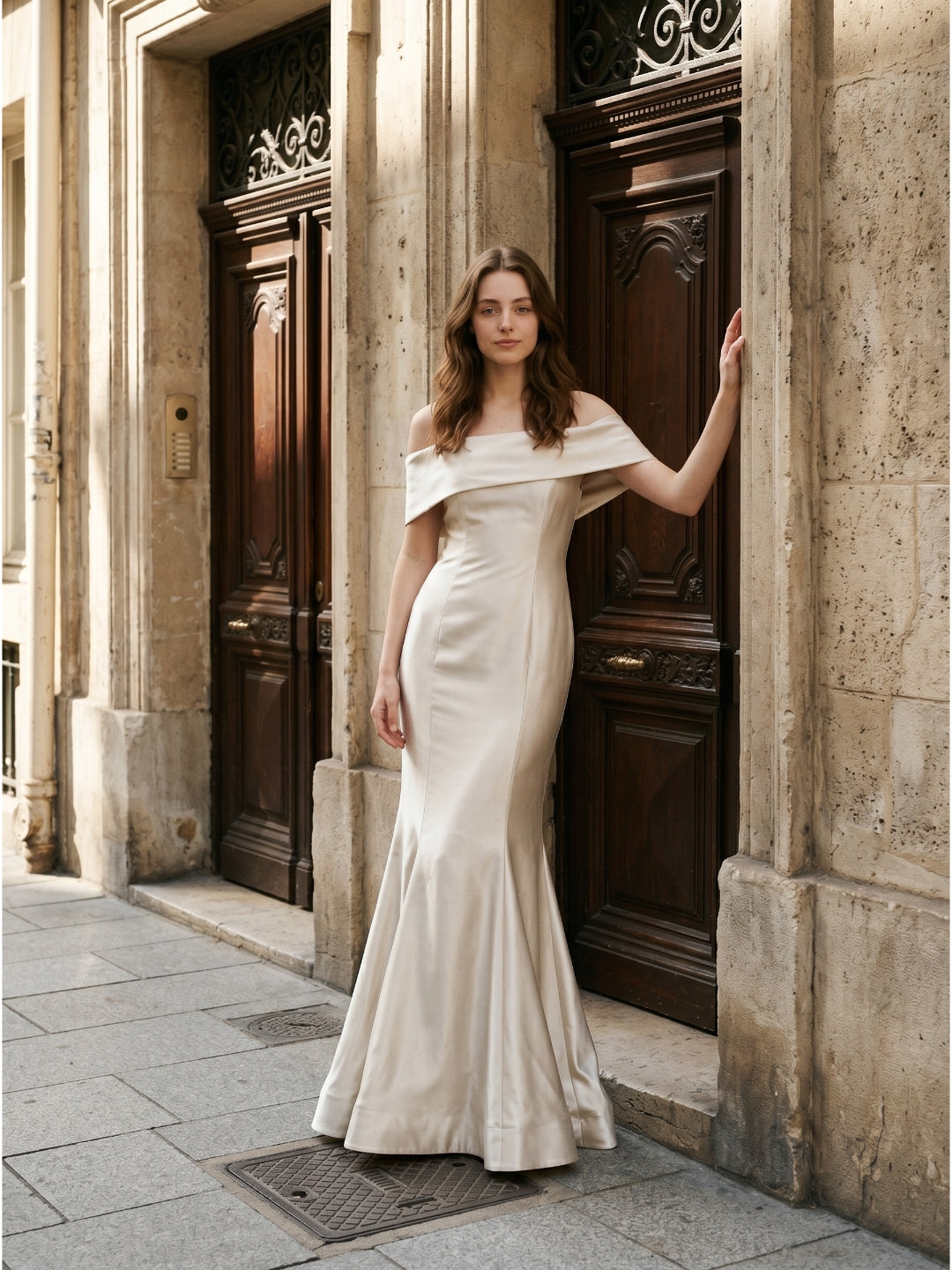 Ivory Satin Mermaid Off-the-Shoulder Back Zip Floor-Length Bridesmaid Dress with Pleated Waist