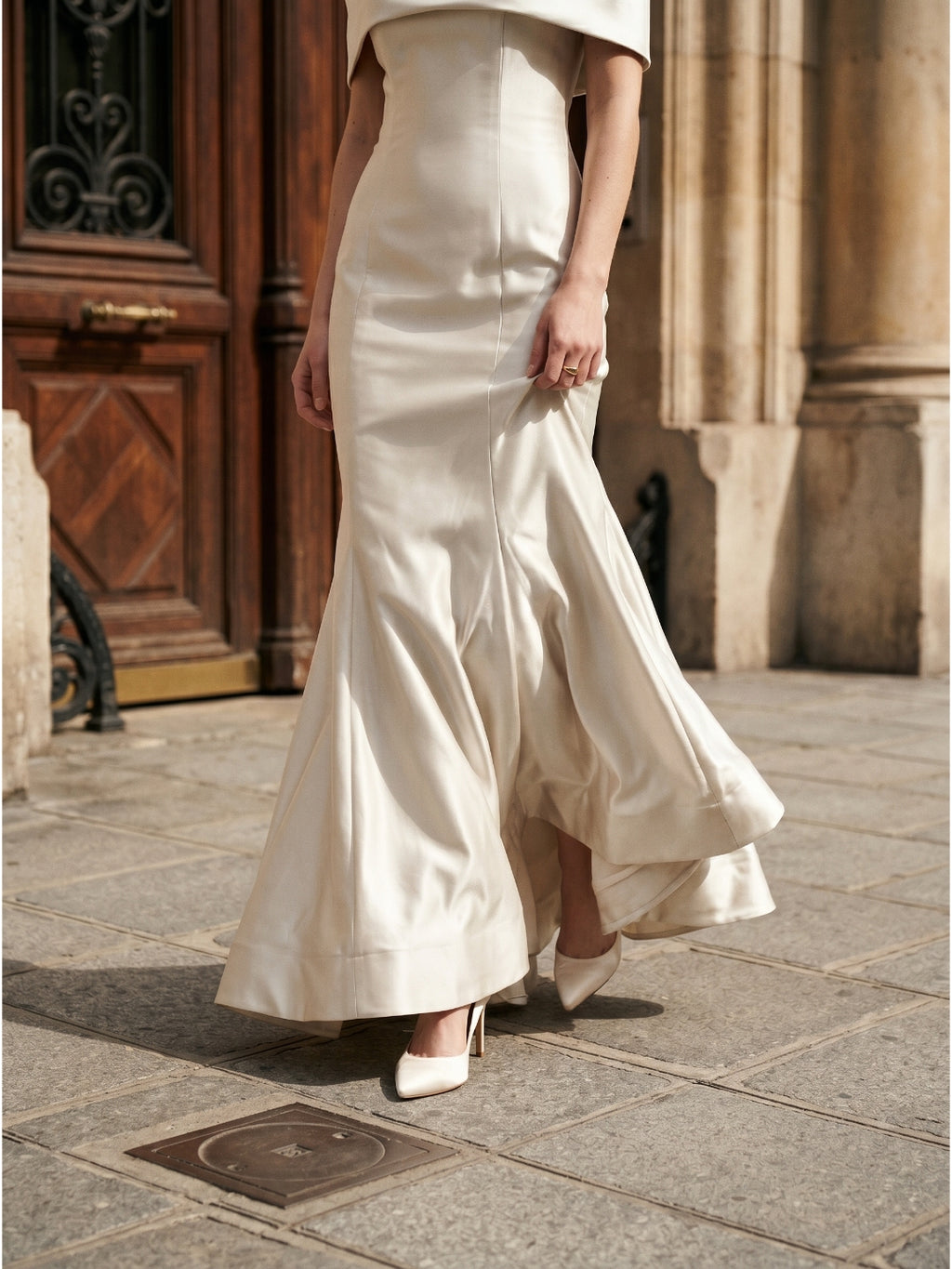 Ivory Satin Mermaid Off-the-Shoulder Back Zip Floor-Length Bridesmaid Dress with Pleated Waist