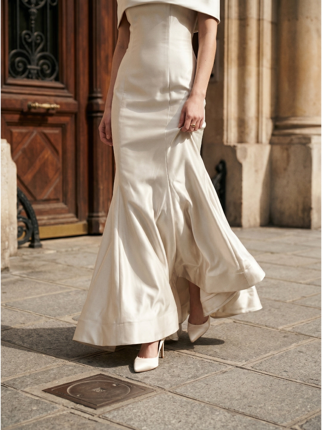 Ivory Satin Mermaid Off-the-Shoulder Back Zip Floor-Length Bridesmaid Dress with Pleated Waist