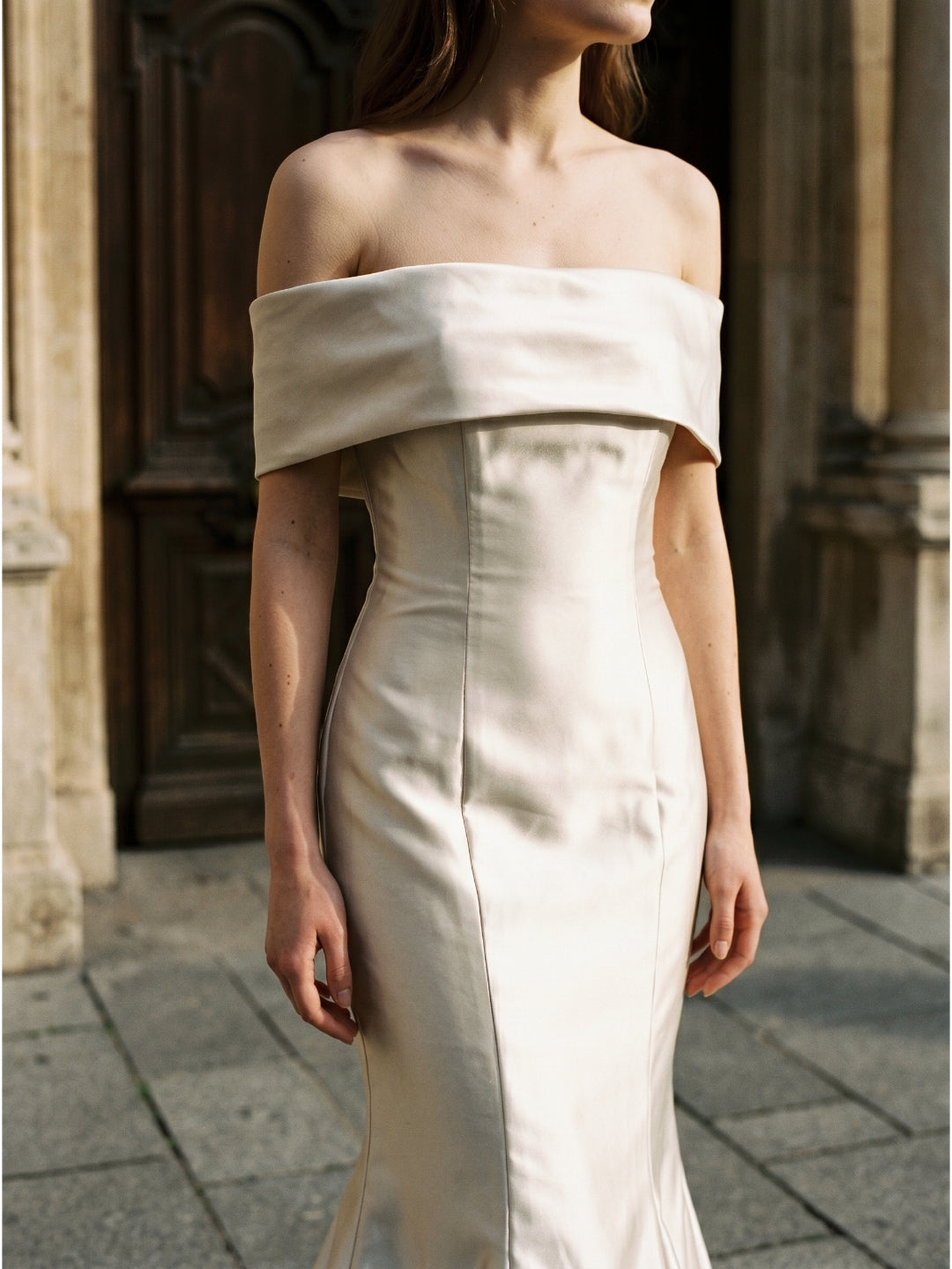 Ivory Satin Mermaid Off-the-Shoulder Back Zip Floor-Length Bridesmaid Dress with Pleated Waist
