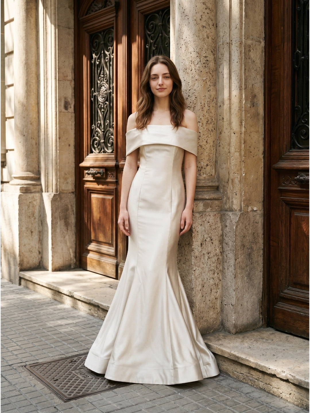 Ivory Satin Mermaid Off-the-Shoulder Back Zip Floor-Length Bridesmaid Dress with Pleated Waist