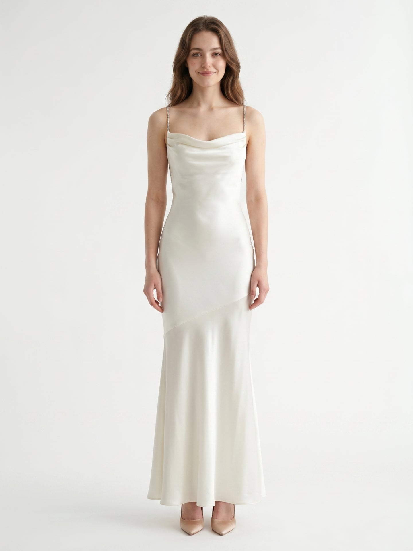 Ivory Satin Mermaid Square Neck Backless Floor-Length Pleated Bridesmaid Dress