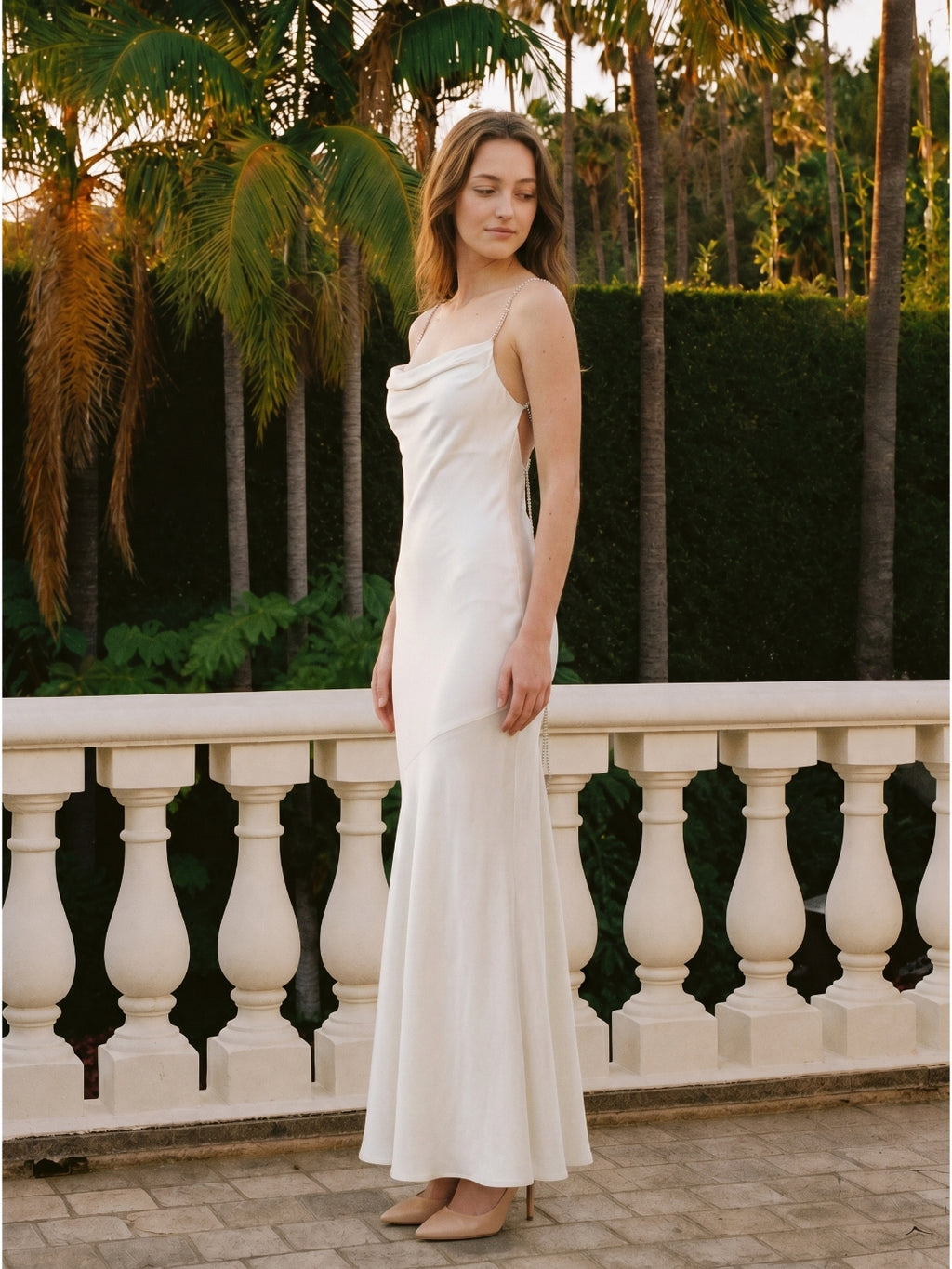 Ivory Satin Mermaid Square Neck Backless Floor-Length Pleated Bridesmaid Dress