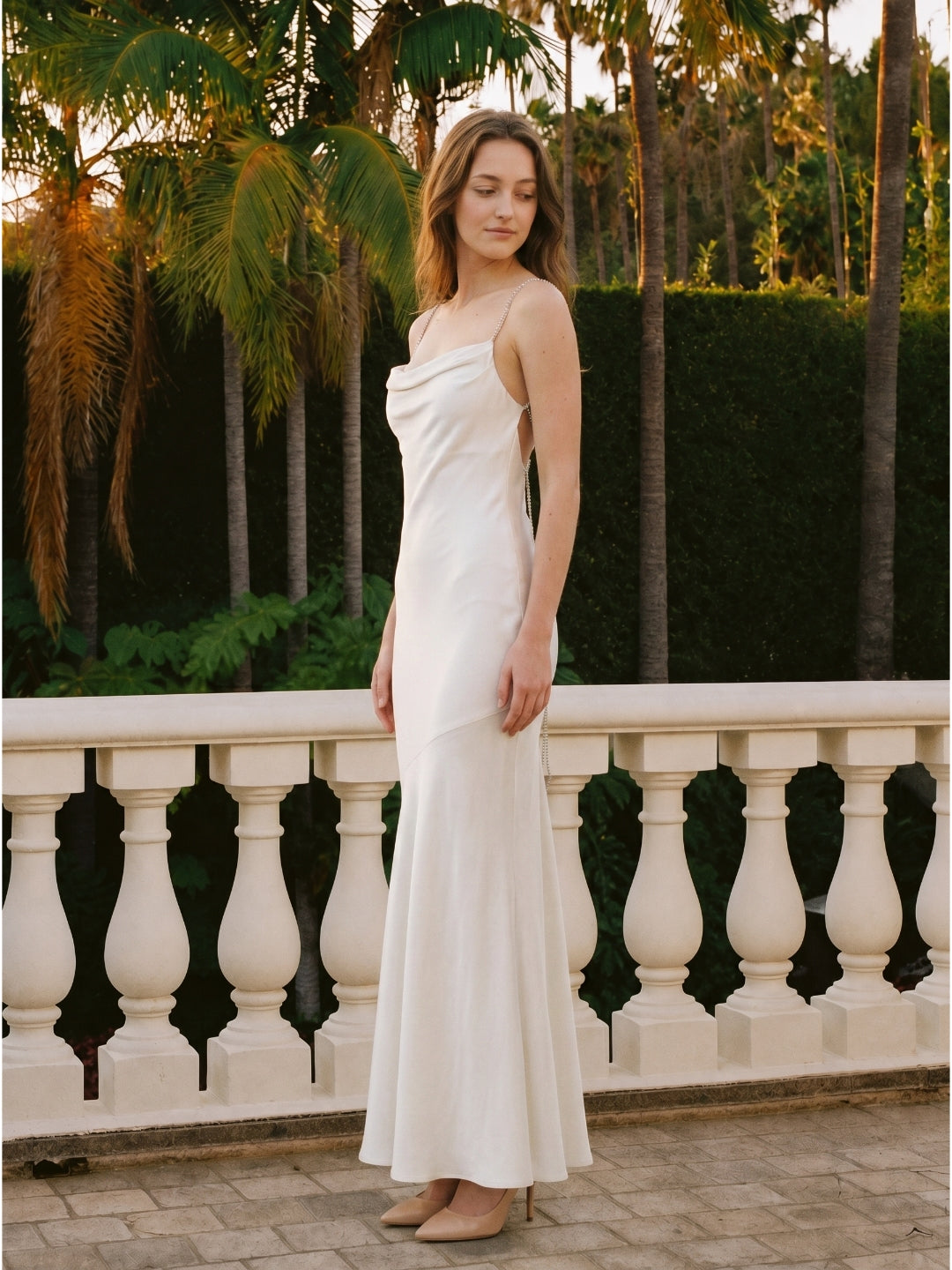 Ivory Satin Mermaid Square Neck Backless Floor-Length Pleated Bridesmaid Dress