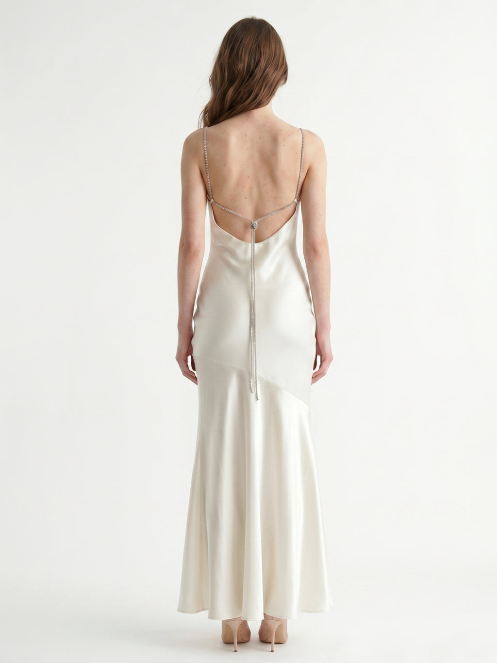 Ivory Satin Mermaid Square Neck Backless Floor-Length Pleated Bridesmaid Dress