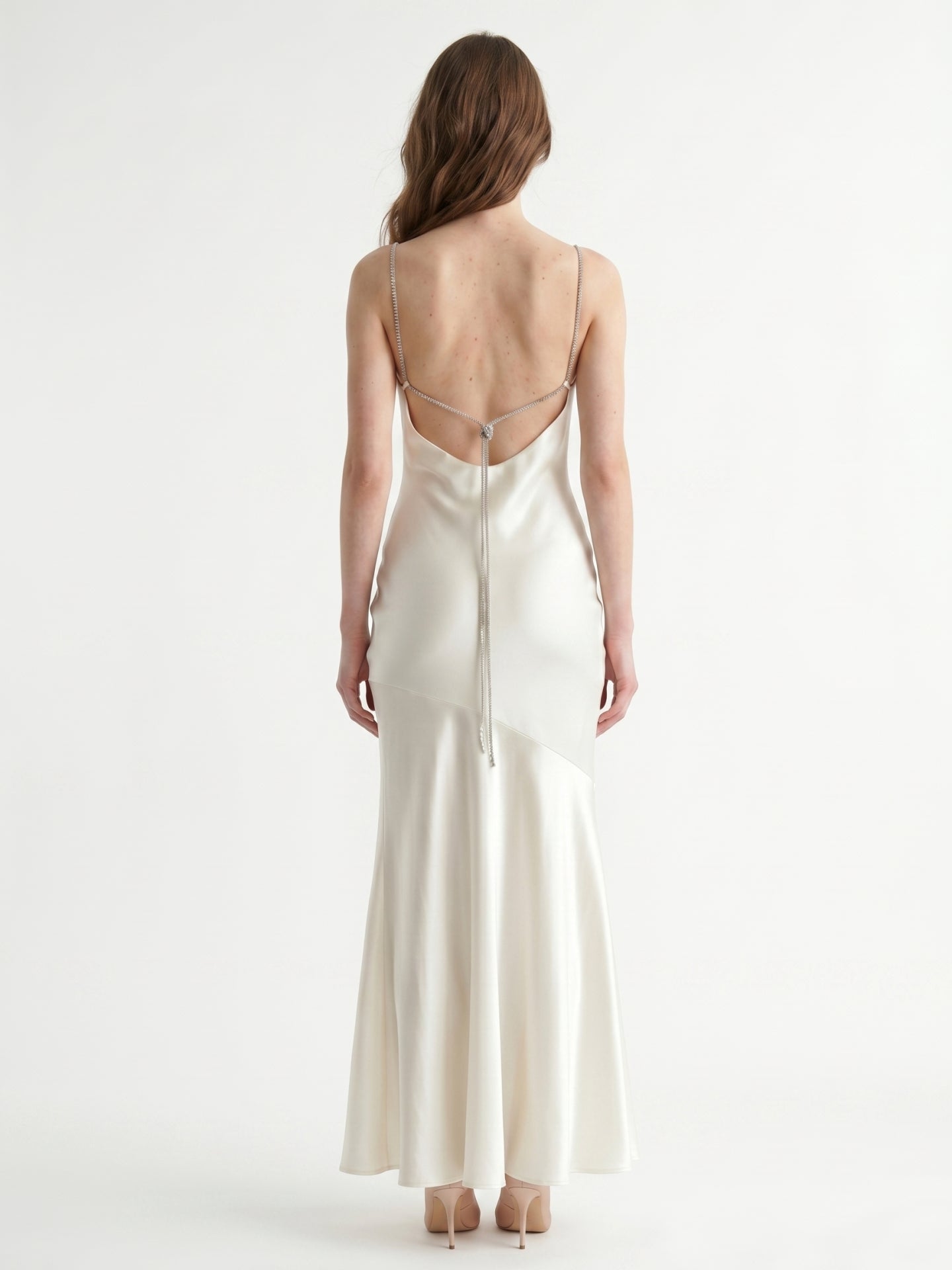 Ivory Satin Mermaid Square Neck Backless Floor-Length Pleated Bridesmaid Dress