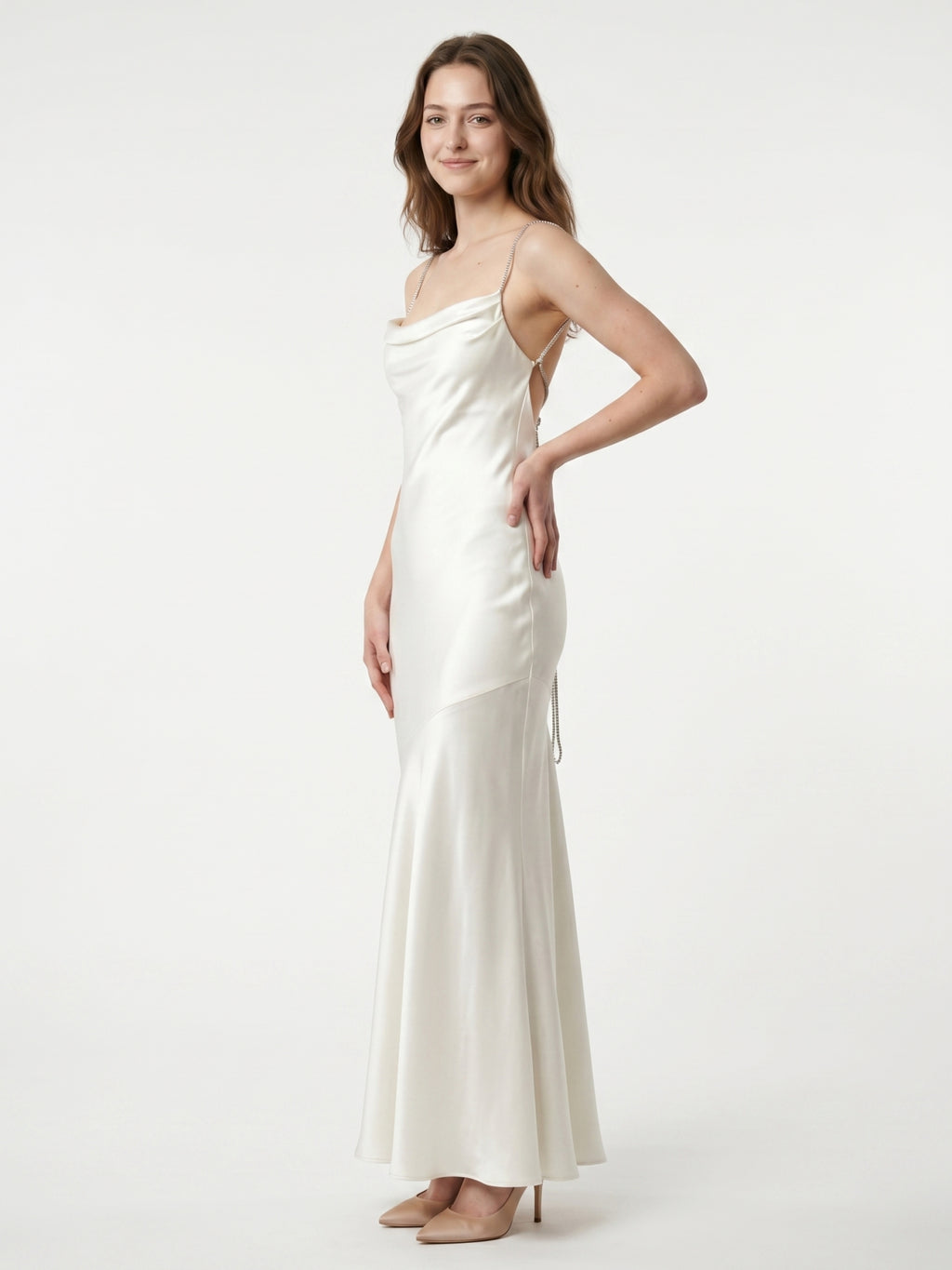 Ivory Satin Mermaid Square Neck Backless Floor-Length Pleated Bridesmaid Dress