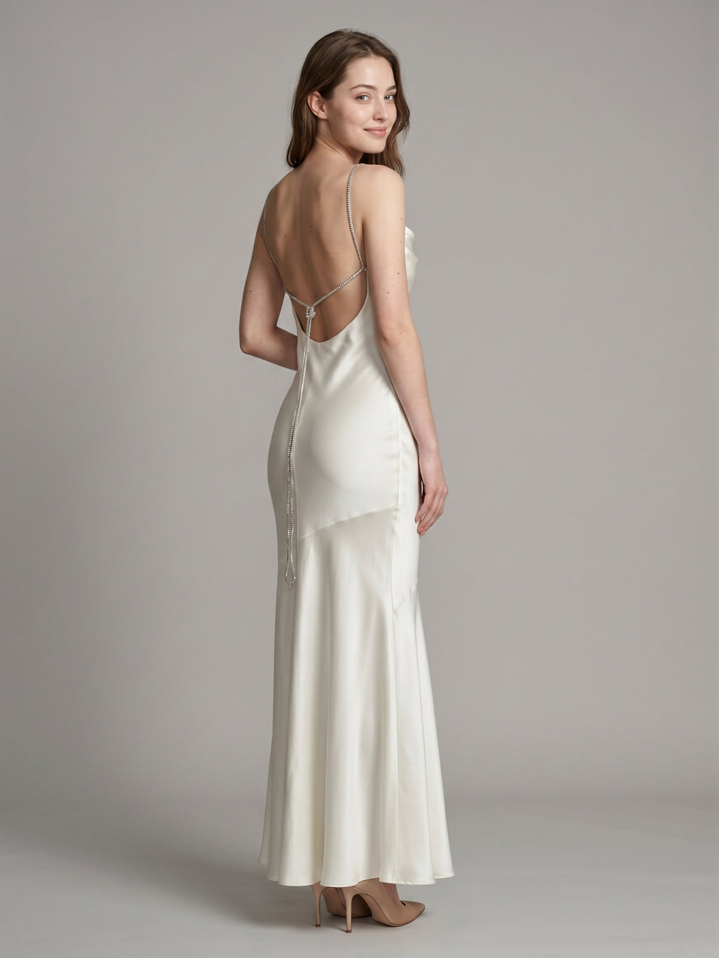 Ivory Satin Mermaid Square Neck Backless Floor-Length Pleated Bridesmaid Dress