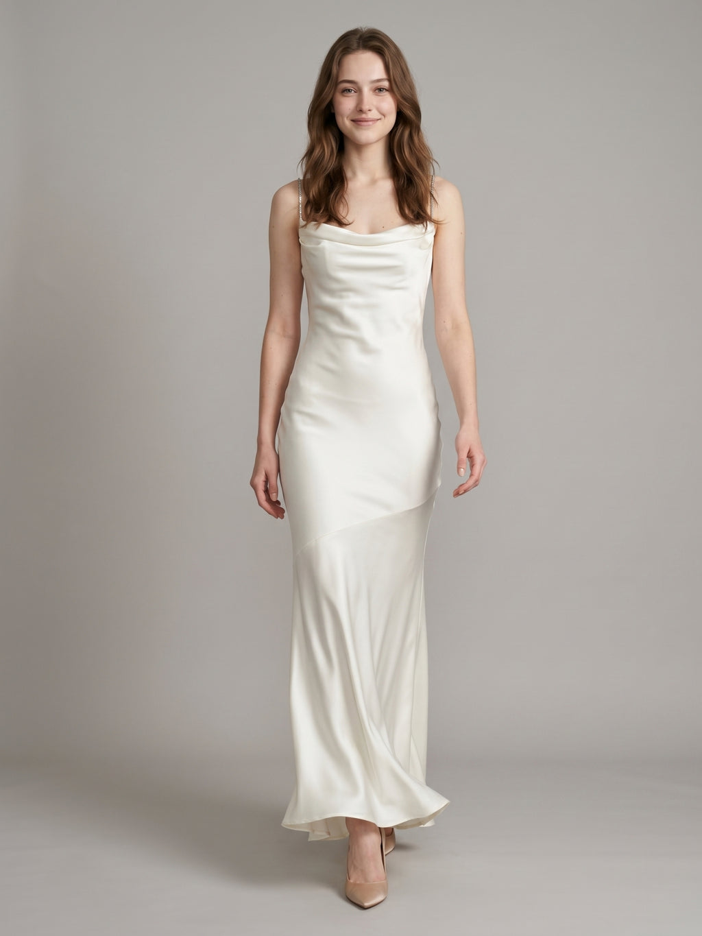 Ivory Satin Mermaid Square Neck Backless Floor-Length Pleated Bridesmaid Dress