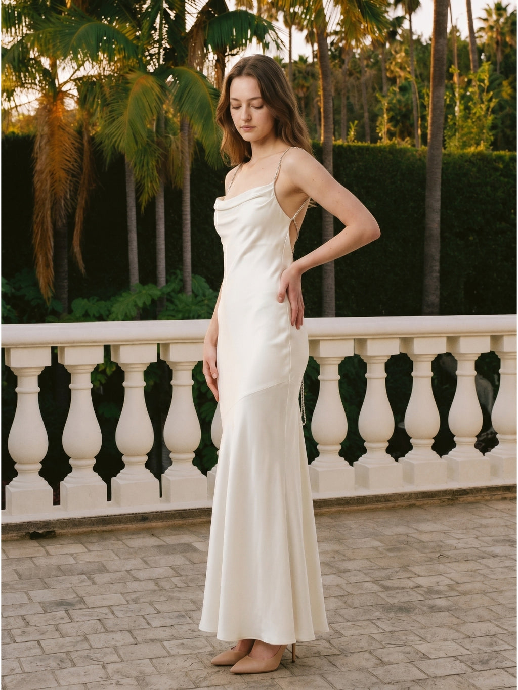 Ivory Satin Mermaid Square Neck Backless Floor-Length Pleated Bridesmaid Dress