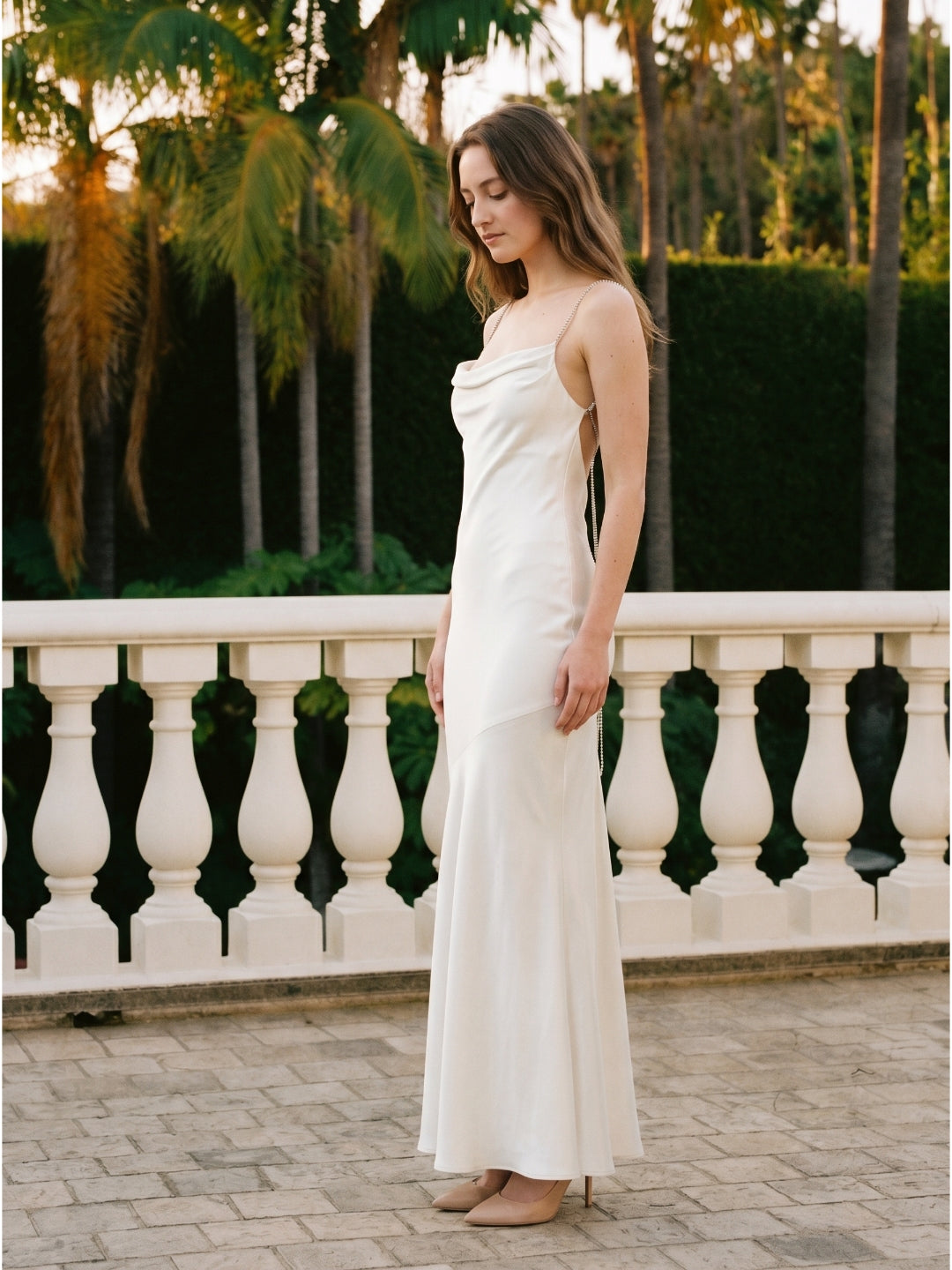 Ivory Satin Mermaid Square Neck Backless Floor-Length Pleated Bridesmaid Dress