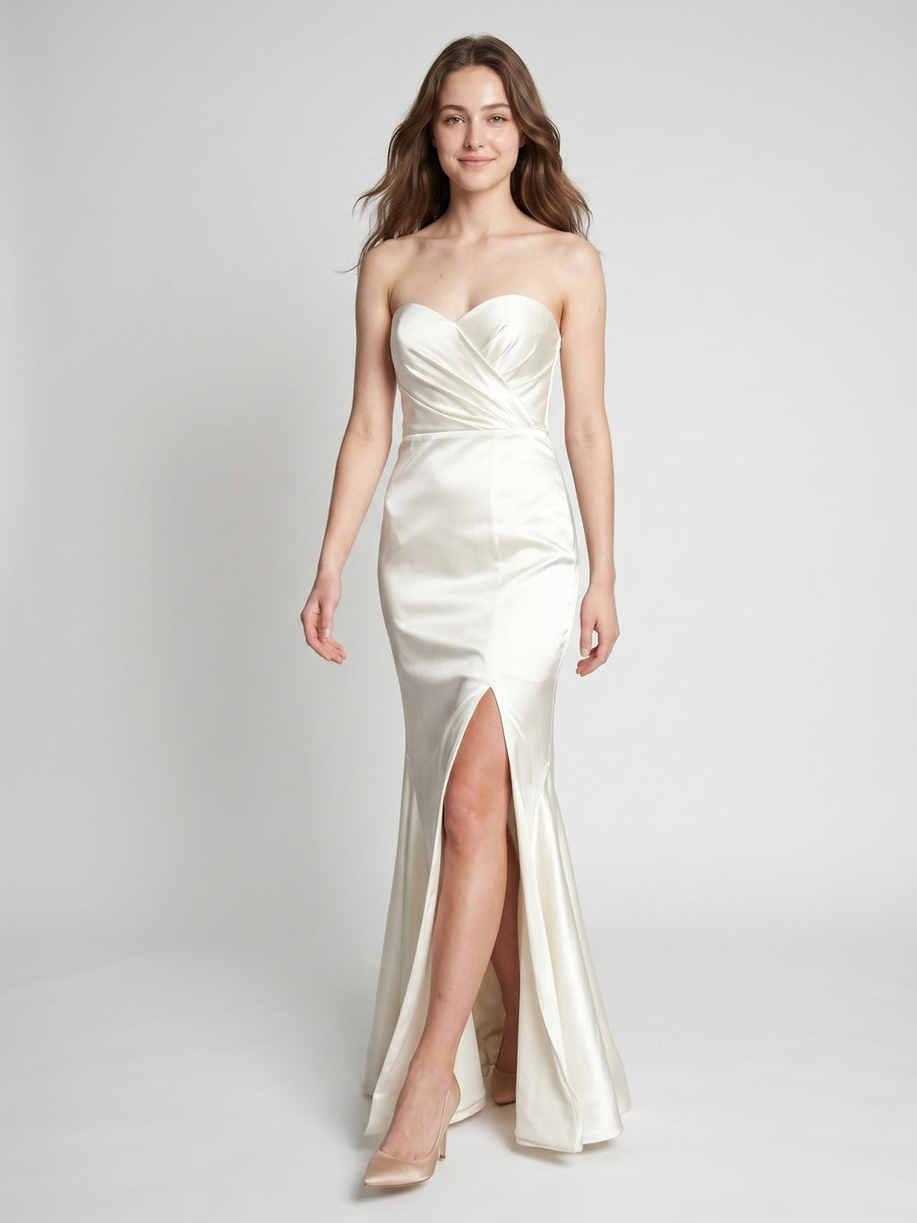 Ivory Satin Mermaid Sweetheart Backless Floor-Length Bridesmaid Dress with Pleated Trim