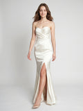 Ivory Satin Mermaid Sweetheart Backless Floor-Length Bridesmaid Dress with Pleated Trim