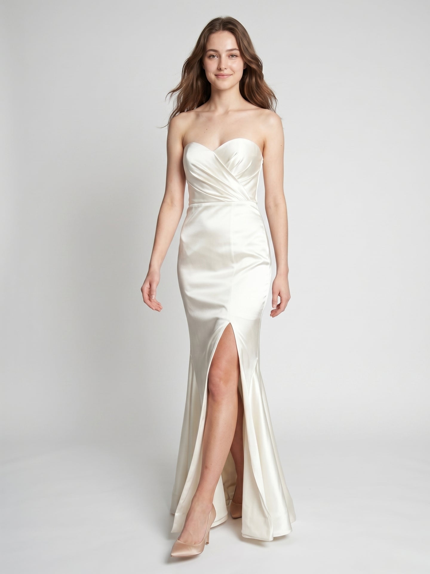 Ivory Satin Mermaid Sweetheart Backless Floor-Length Bridesmaid Dress with Pleated Trim