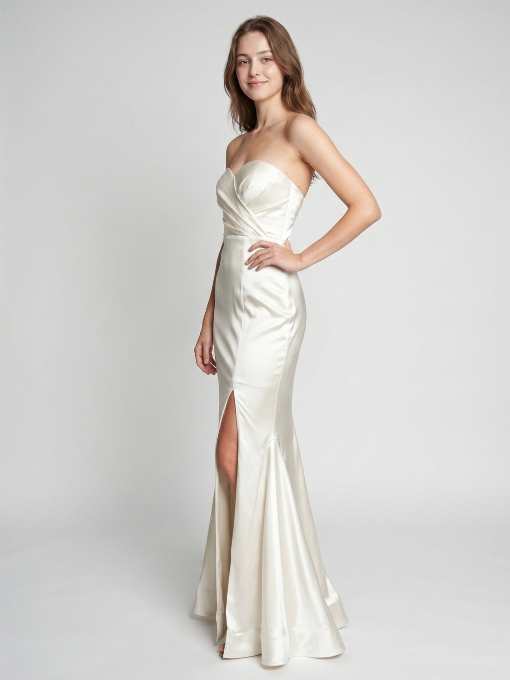 Ivory Satin Mermaid Sweetheart Backless Floor-Length Bridesmaid Dress with Pleated Trim