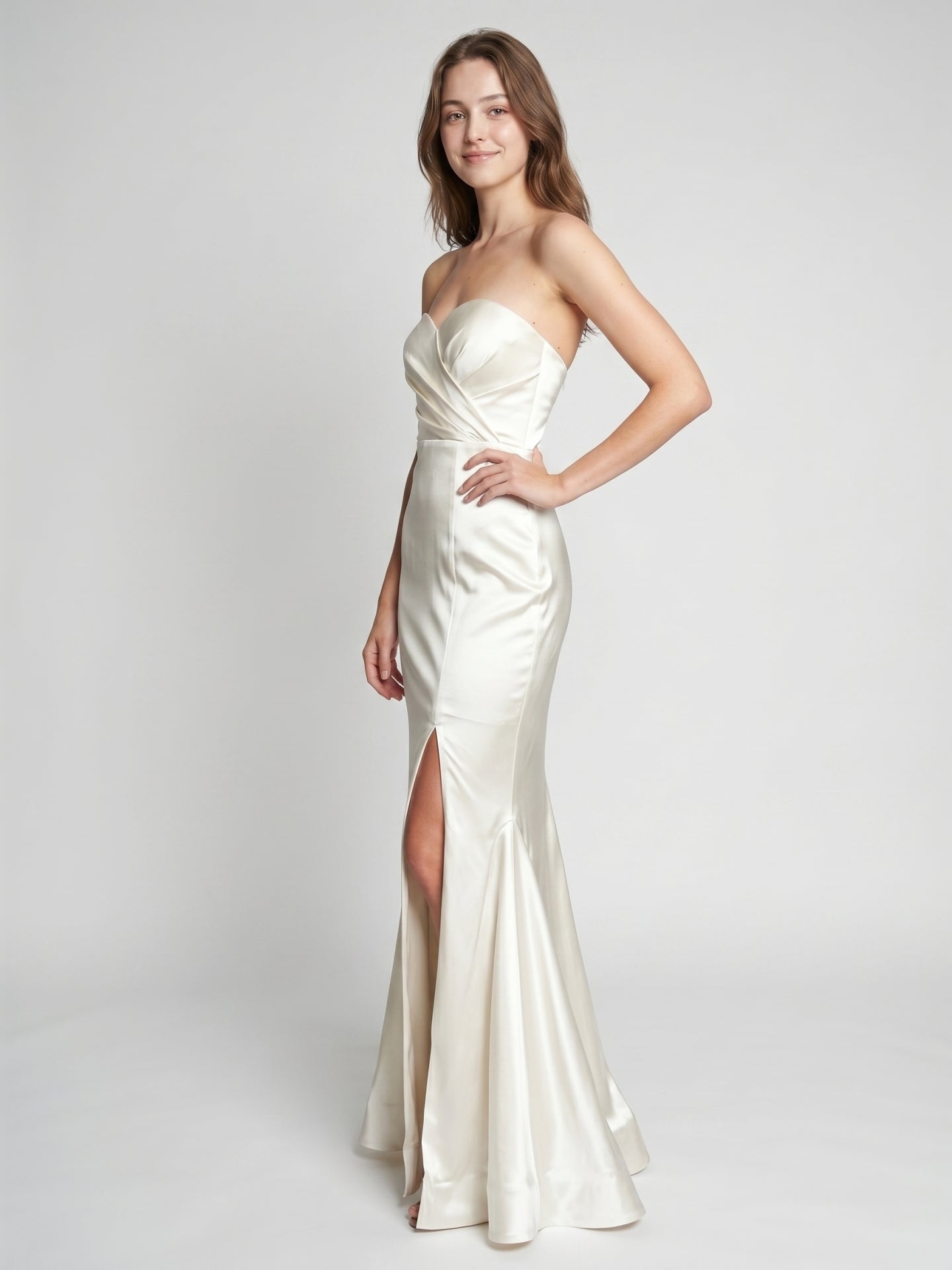 Ivory Satin Mermaid Sweetheart Backless Floor-Length Bridesmaid Dress with Pleated Trim