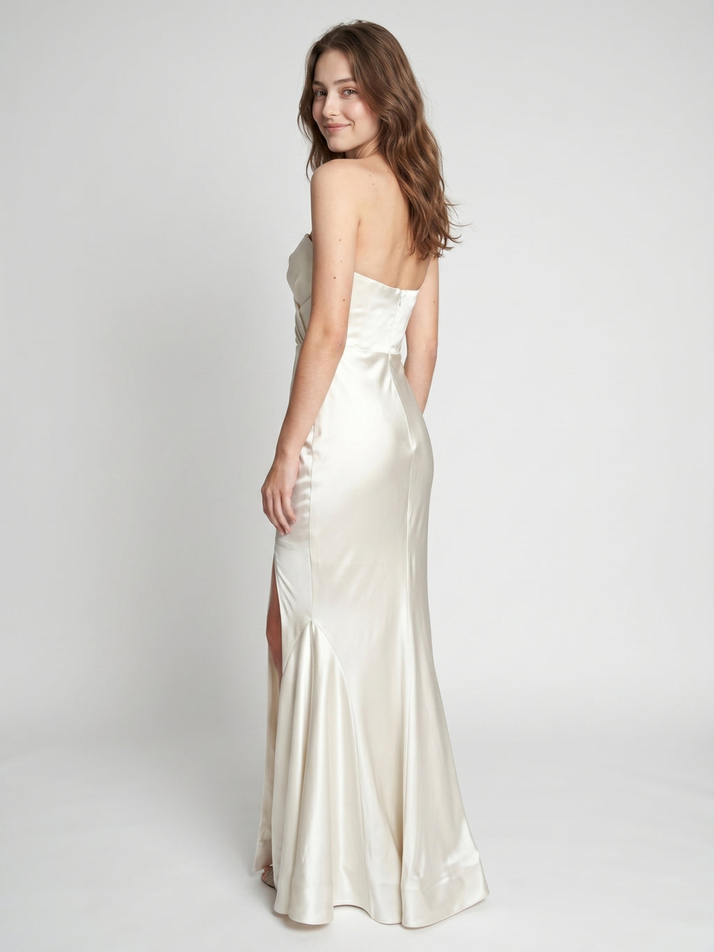 Ivory Satin Mermaid Sweetheart Backless Floor-Length Bridesmaid Dress with Pleated Trim