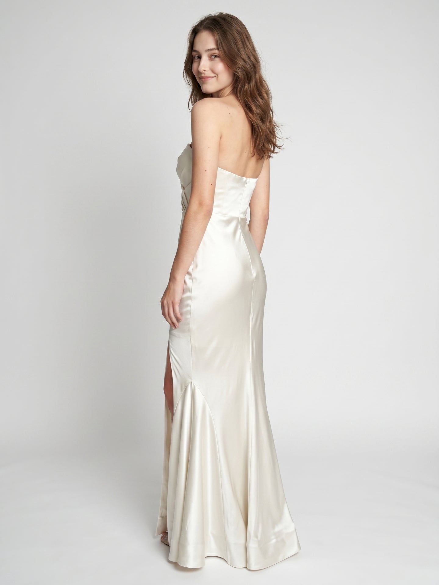 Ivory Satin Mermaid Sweetheart Backless Floor-Length Bridesmaid Dress with Pleated Trim