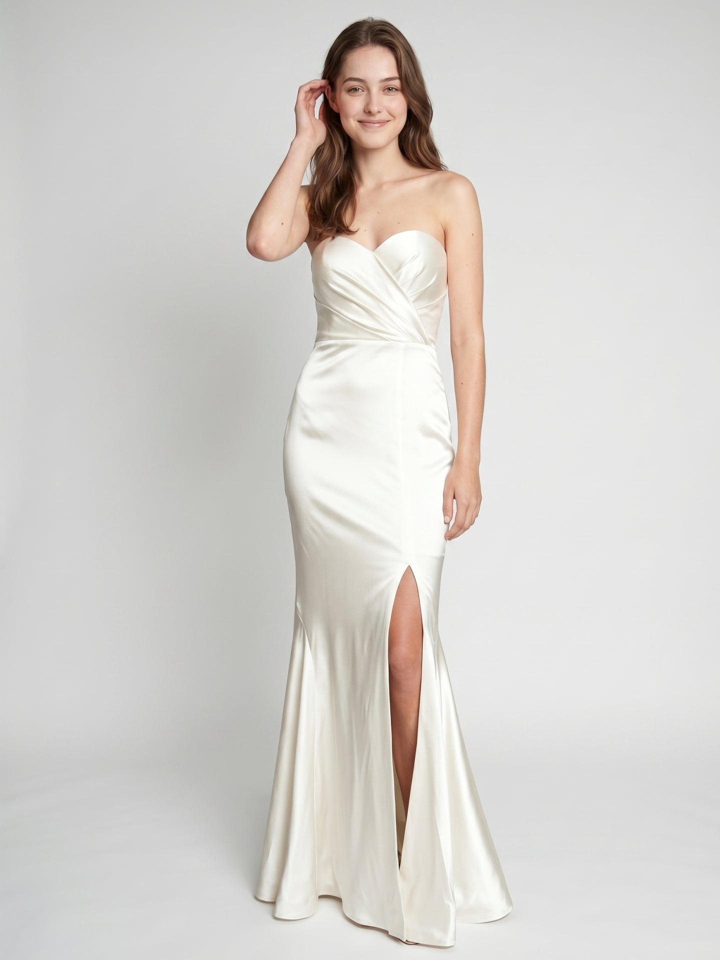 Ivory Satin Mermaid Sweetheart Backless Floor-Length Bridesmaid Dress with Pleated Trim