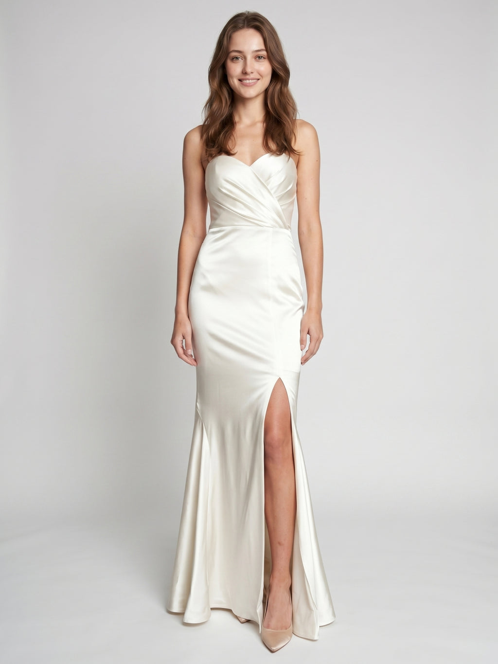 Ivory Satin Mermaid Sweetheart Backless Floor-Length Bridesmaid Dress with Pleated Trim