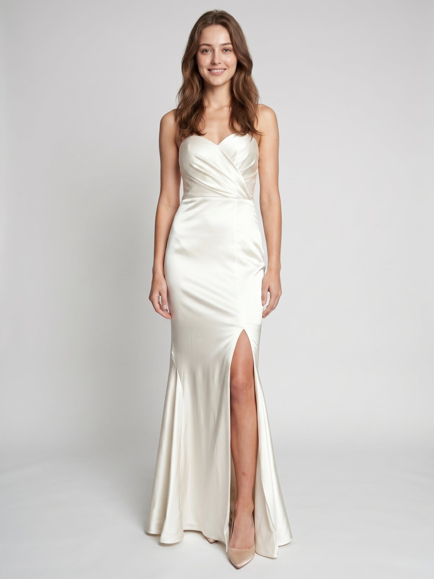 Ivory Satin Mermaid Sweetheart Backless Floor-Length Bridesmaid Dress with Pleated Trim