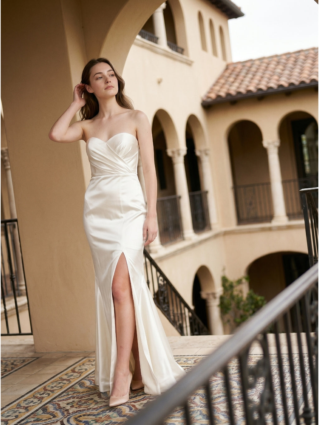 Ivory Satin Mermaid Sweetheart Backless Floor-Length Bridesmaid Dress with Pleated Trim