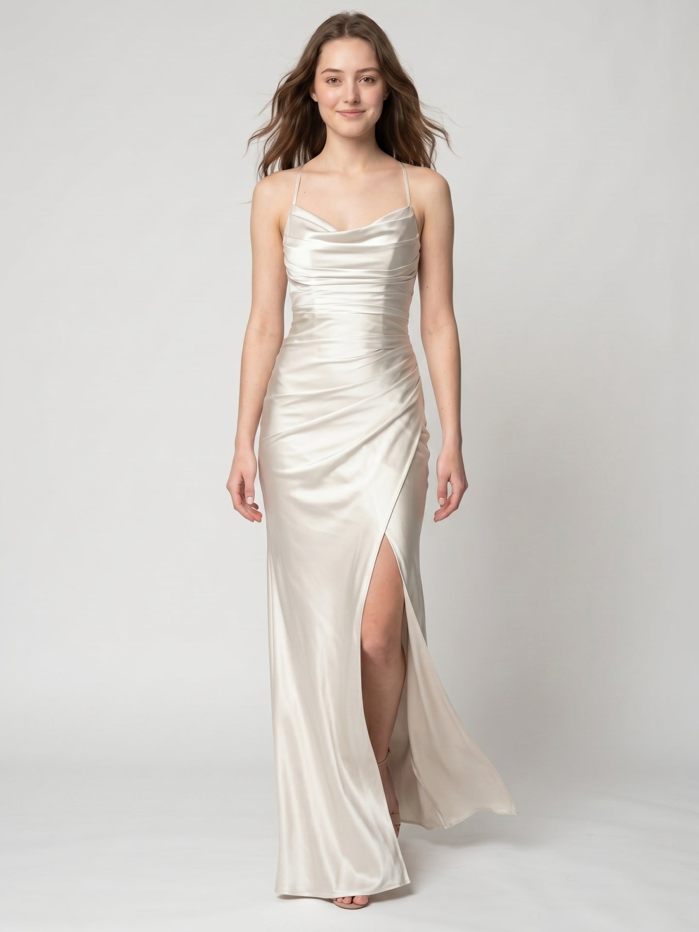 Ivory Satin Sheath Cowl Neck Back Zip Floor-Length Bridesmaid Dress with Pleated Skirt